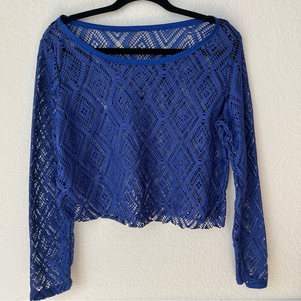 Blue Crochet Lace Crop‎ Top Long Sleeve Festival Boho Beach Coverup Cropped
